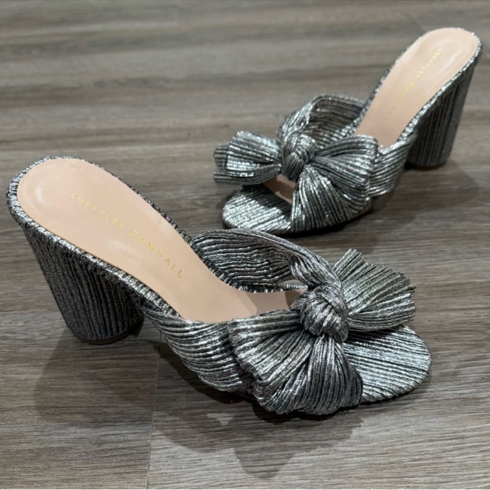 Loeffler Randall Penny Dark Silver Pleated Bow Fabric Sandal Heel Mules - Picture 2 of 9